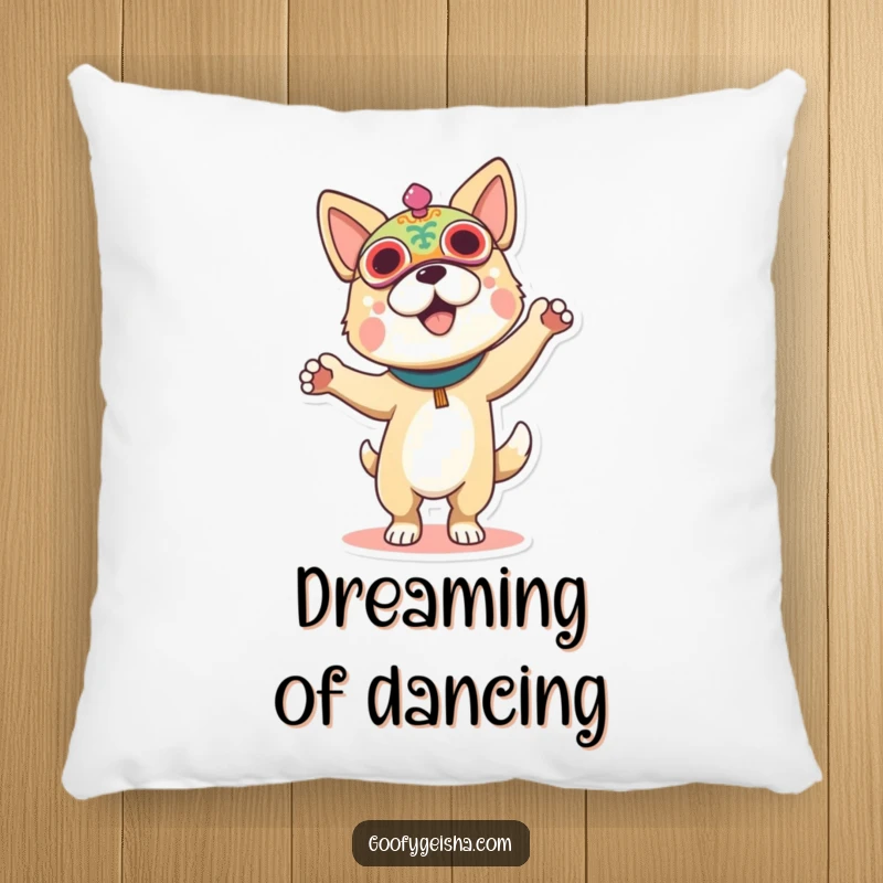 Funny pillow featuring a dog in a colorful festival mask, dancing joyfully, adding a fun touch to any room.