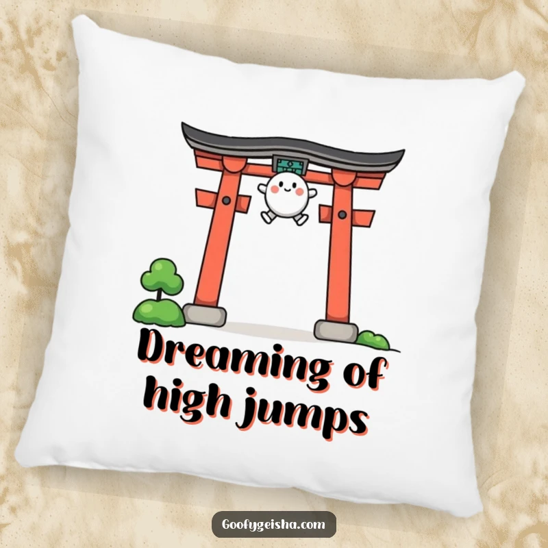 Funny pillow depicting a cute, rounded character making an impressive jump over a stylized torii gate.