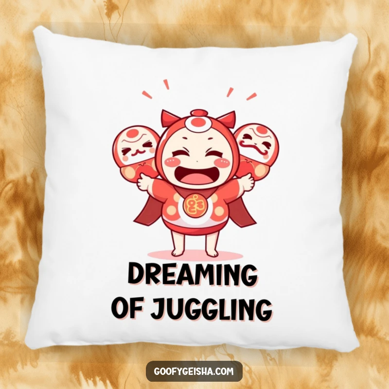 Funny Kawaii Pillow: Bewildered character hilariously juggling daruma dolls, offering comfort and laughter. A perfect funny gift.