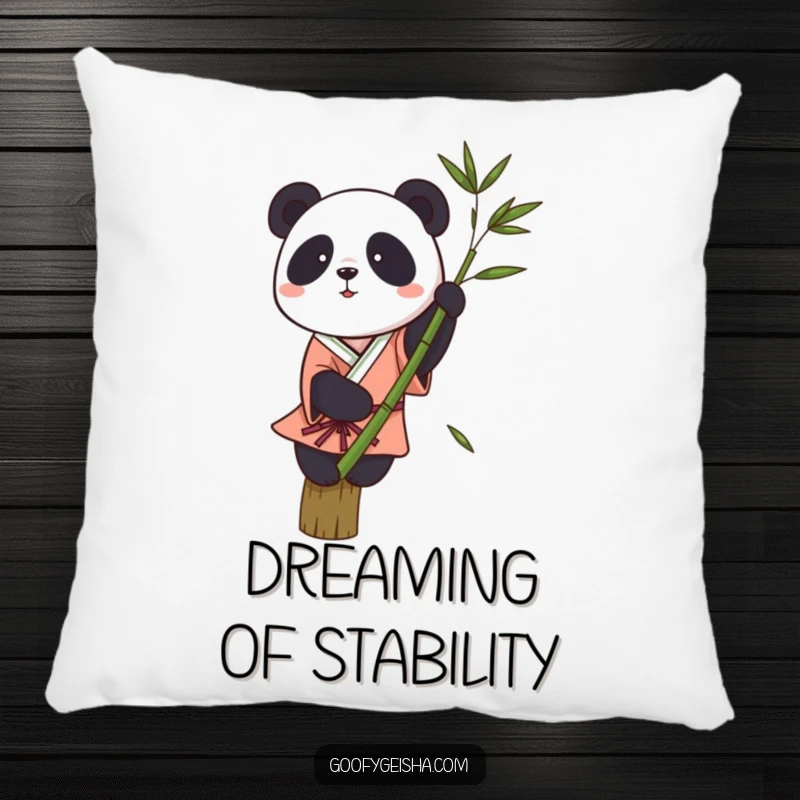 Funny pillow showing a small panda in a kimono attempting to balance on a single bamboo stalk, adding a touch of humor.