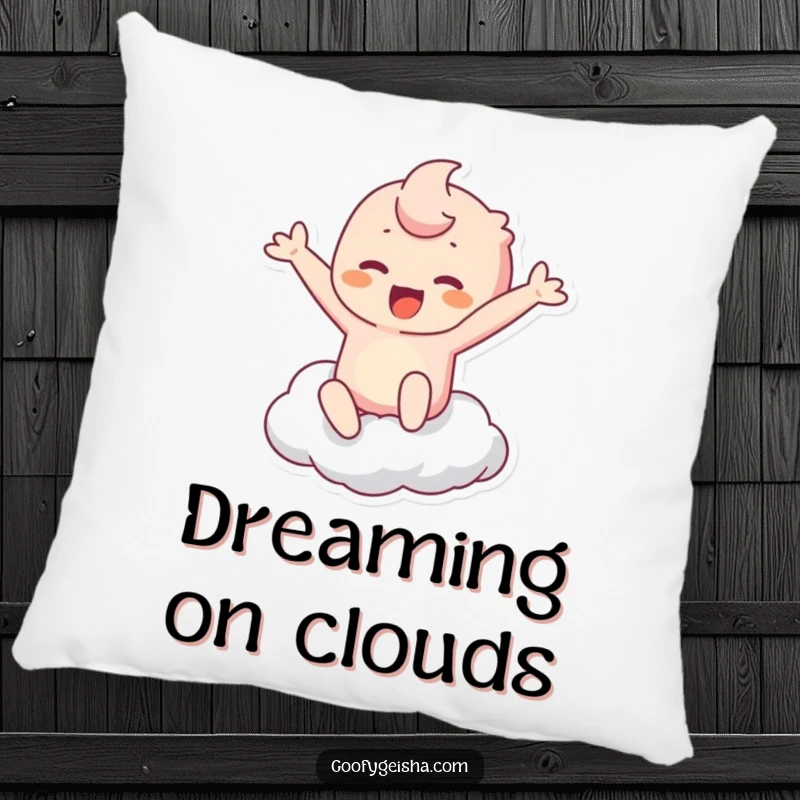 Funny Kawaii Pillow: Character leaping with joy to touch a fluffy cloud, offering comfort and happiness. A perfect funny gift.