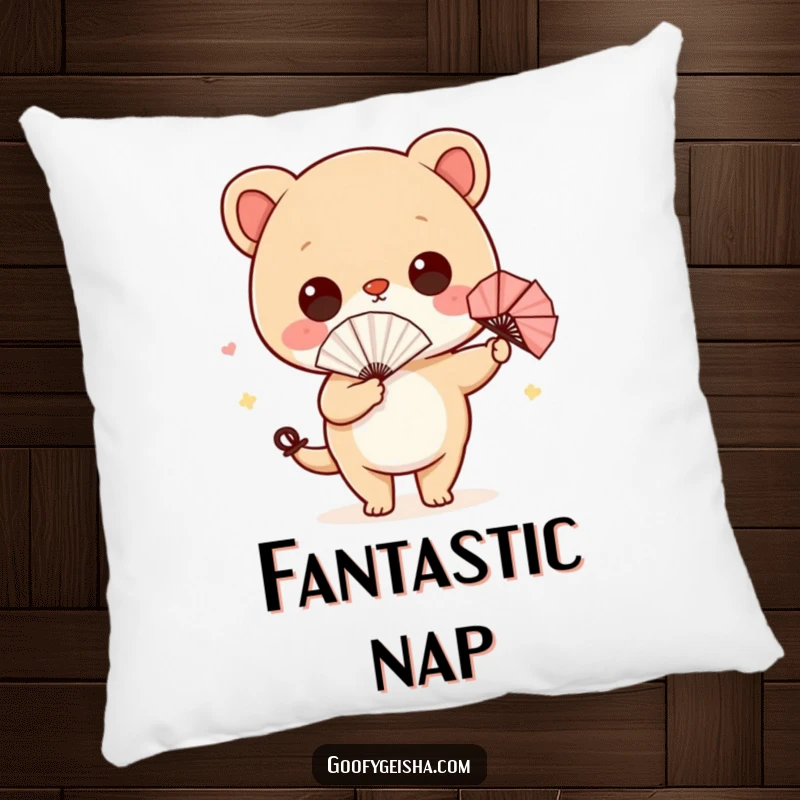 Funny pillow showcasing a cute character with a tiny paper fan, comically wiggling its hips, adding a humorous touch to decor.