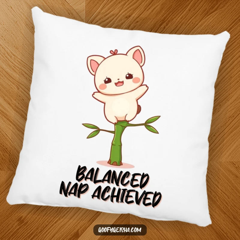Funny Kawaii pillow with a delighted character precariously balancing on a small bamboo stalk, offering soft comfort and cute humor.