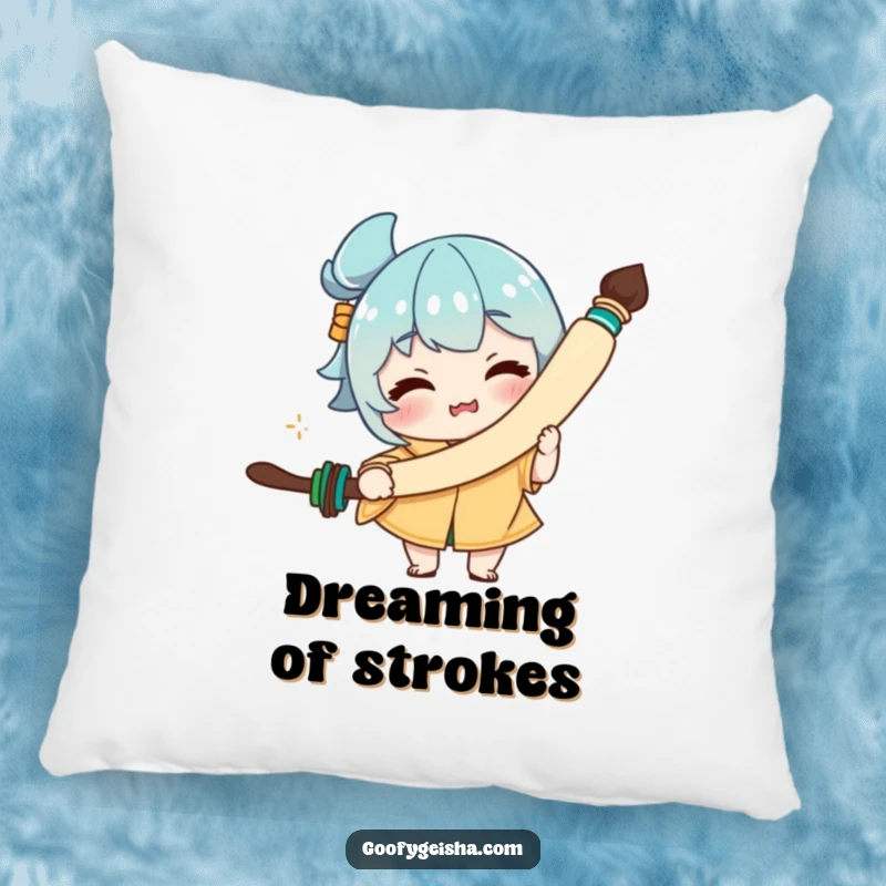 Funny pillow featuring a character with a comical face, holding a giant calligraphy brush, offering cozy artistic humor.