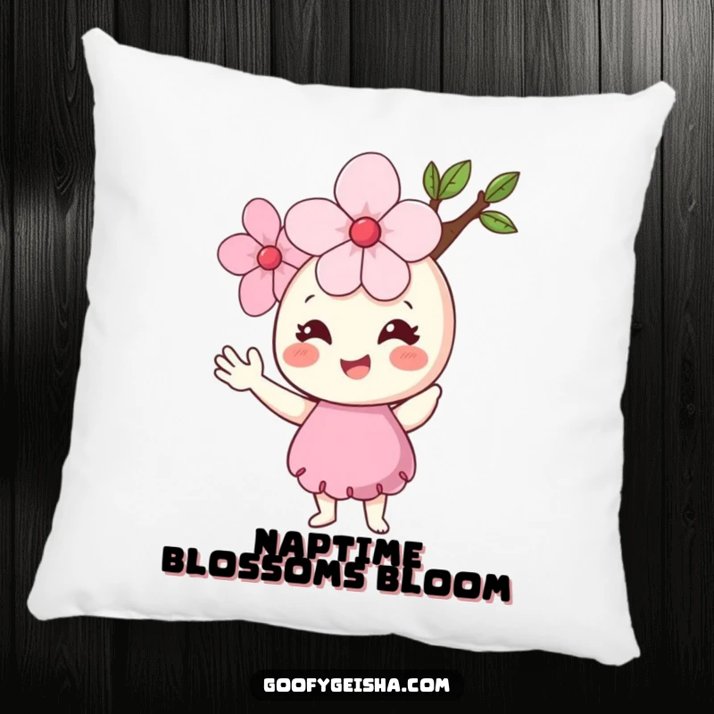 Funny Cherry Blossom Pillow featuring a smiling flower character waving hello, perfect for adding comfort and cheer to any seating area.