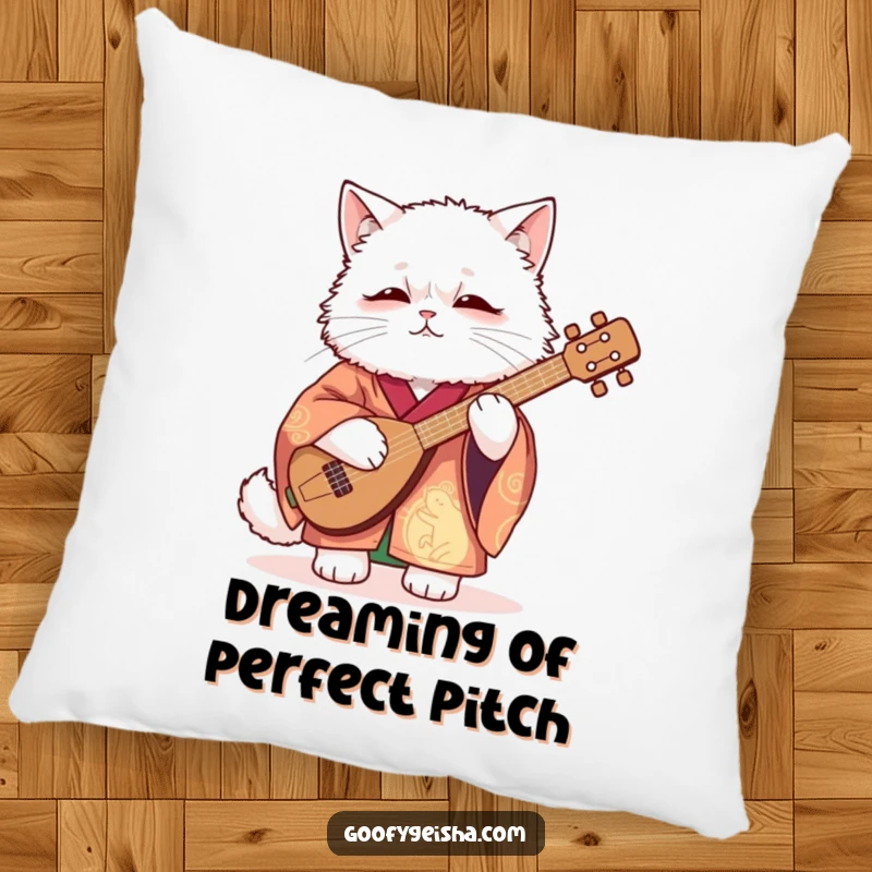 Funny Pillow featuring a fluffy white cat in a vibrant kimono awkwardly playing a shamisen, perfect for comfort and humorous decor.