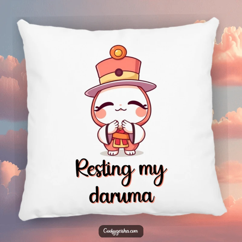 Funny pillow featuring a character adorned with a daruma doll top hat, performing a gentle and respectful bow.
