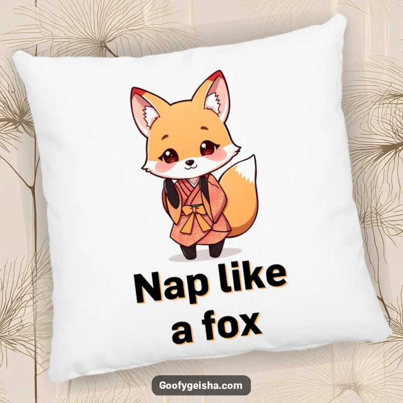 Funny Fox Kimono Pillow featuring a cute fox in a tiny kimono performing a gentle, playful bow, perfect for adding charm and comfort.