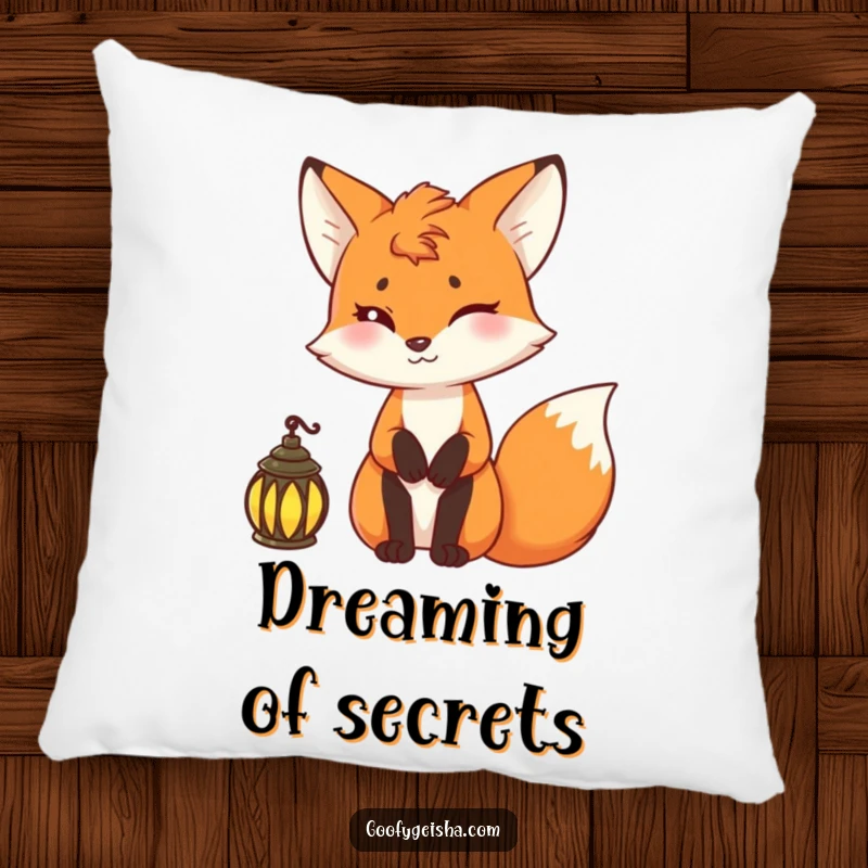 Funny fox pillow featuring a mischievous fox with a lantern, perfect for adding cozy intrigue.