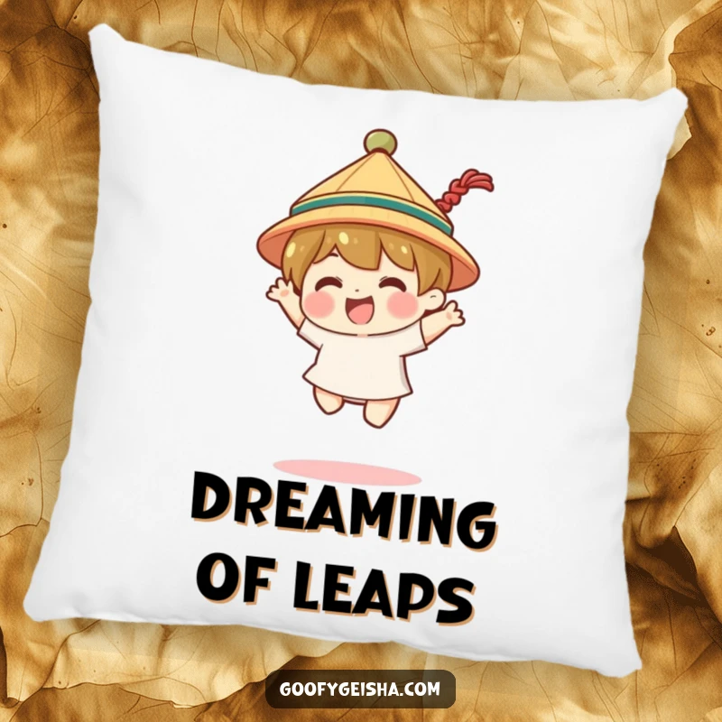 Funny pillow featuring a character wearing a tiny traditional hat, doing a joyful jump. Soft and cheerful.