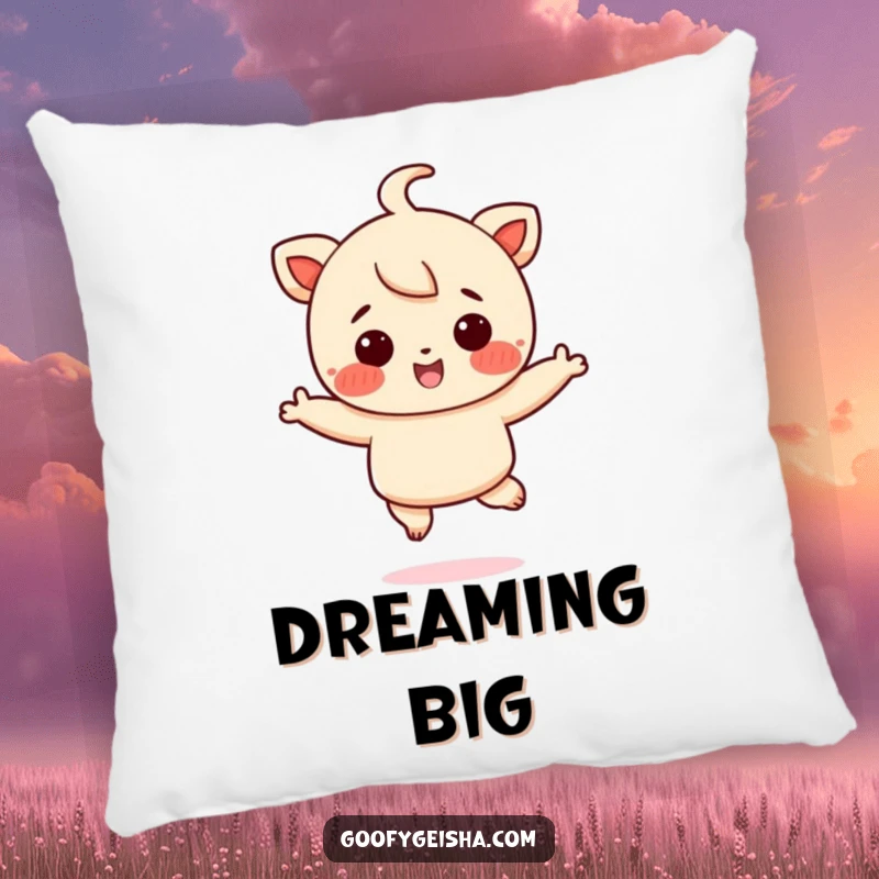 Funny pillow with a rosy-cheeked character joyfully jumping, adding a touch of playful energy and humor to any seating.