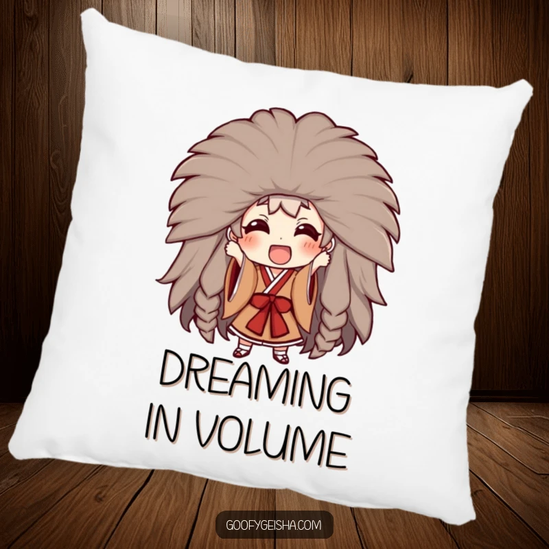 Funny pillow featuring a character trying on a large Kabuki wig, providing a dramatic and humorous accent.
