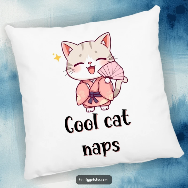 Funny Pillow: A Kawaii cat wearing a kimono and fanning itself, adding a cute and charming touch to any cushion.