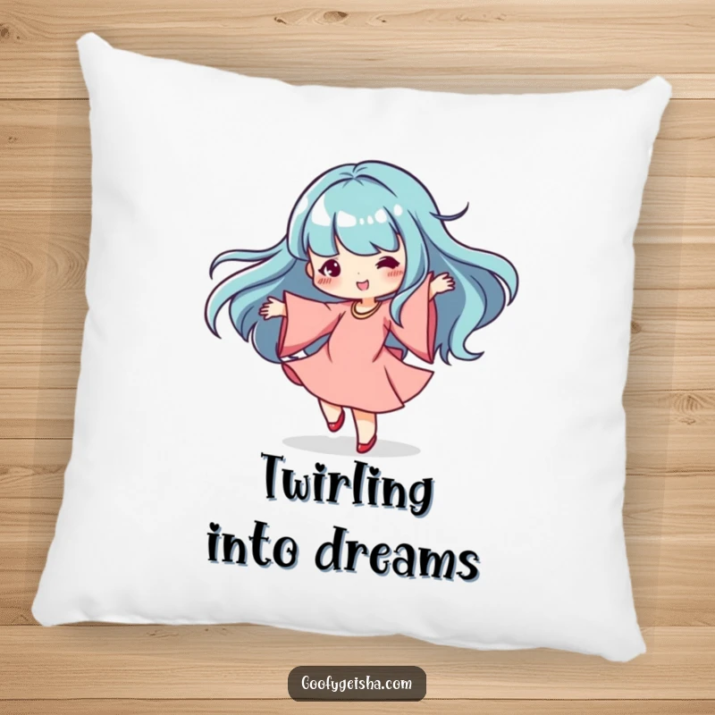Funny Kawaii Pillow: Dancing character spinning gracefully with flowing sleeves, offering comfort and a touch of funny, rhythmic charm.