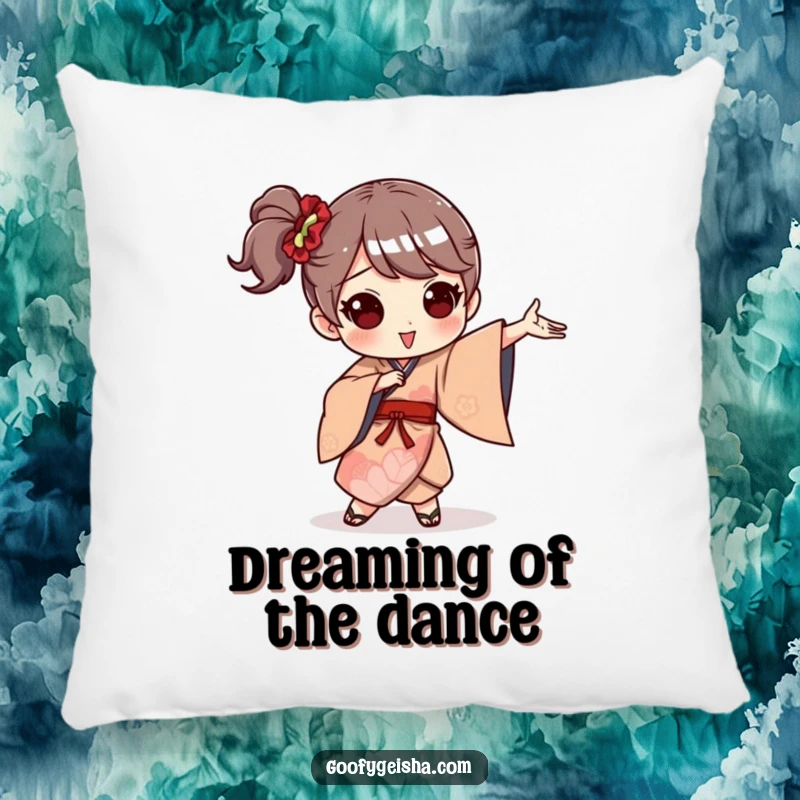 Funny pillow featuring a character in a whimsical kimono striking a hilariously goofy and expressive dance pose.