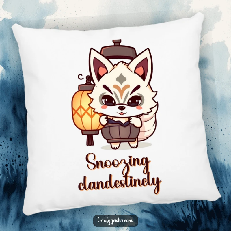 Funny Kitsune mask pillow with a cute character playfully peeking, offering comfort and a touch of playful mystery.