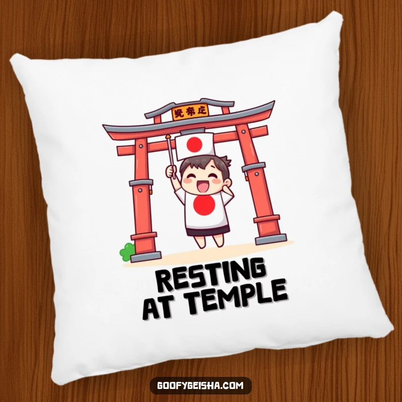 Funny pillow design of an excited Torii gate character waving a tiny Japanese flag, offering cultural comfort and charm.