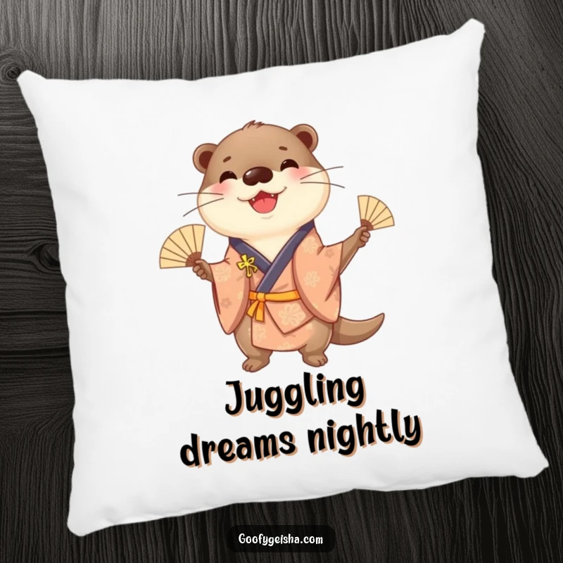 Funny cheerful otter in a kimono, juggling fans, depicted on a soft and fun pillow.