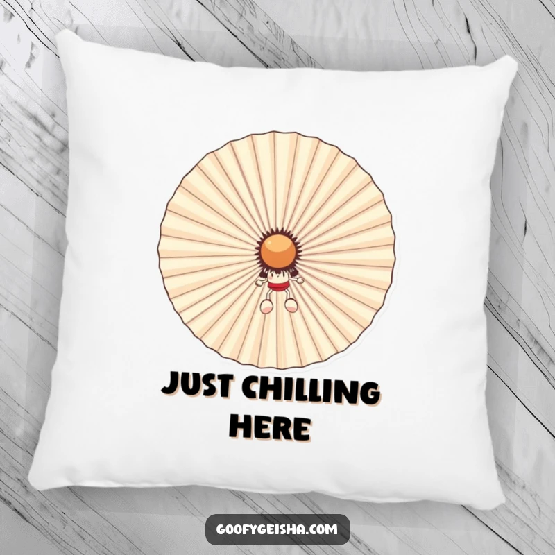 Funny pillow showcasing a small character amusingly hiding behind a massive, smiling fan. Offers comfort with a side of lighthearted fun.