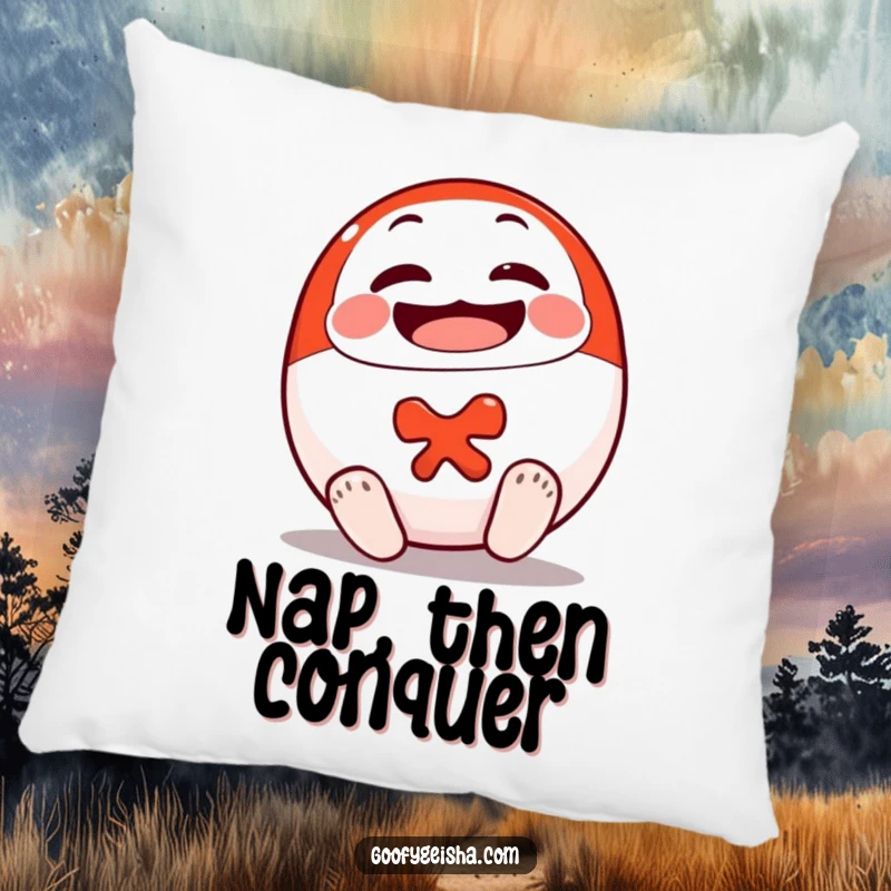 Funny Daruma Doll Pillow featuring a smiling character cheerfully rolling upright, perfect for adding comfort and motivational charm.