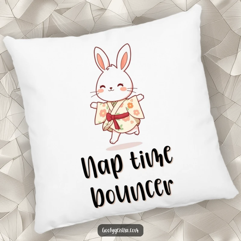 Funny bouncy bunny in a floral kimono, happily skipping, depicted on a soft and cuddly pillow.