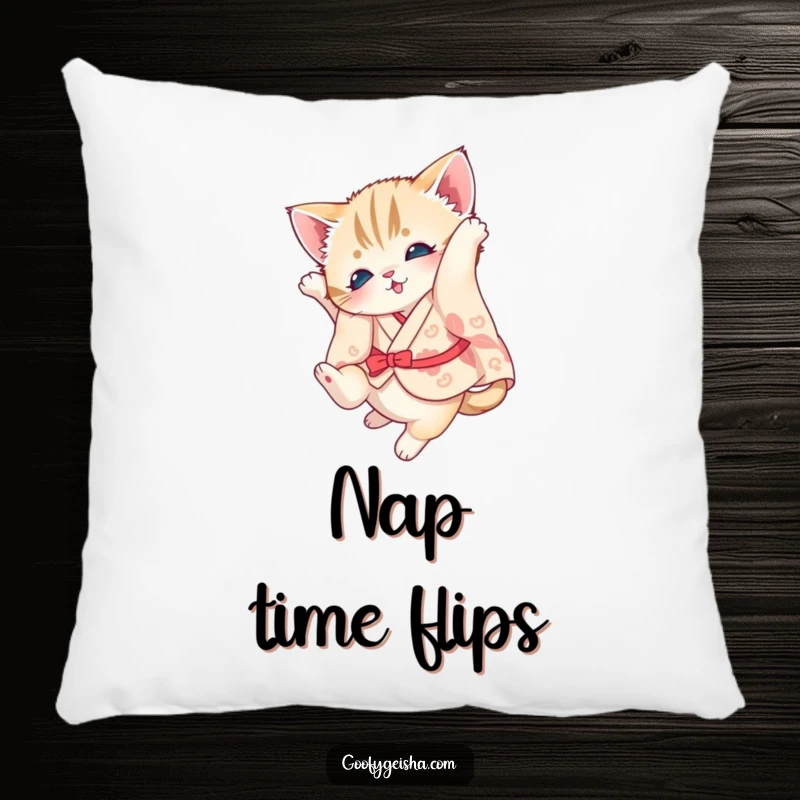 Funny kitten pillow featuring a kitten in a kimono doing a somersault, perfect for adding cozy charm.