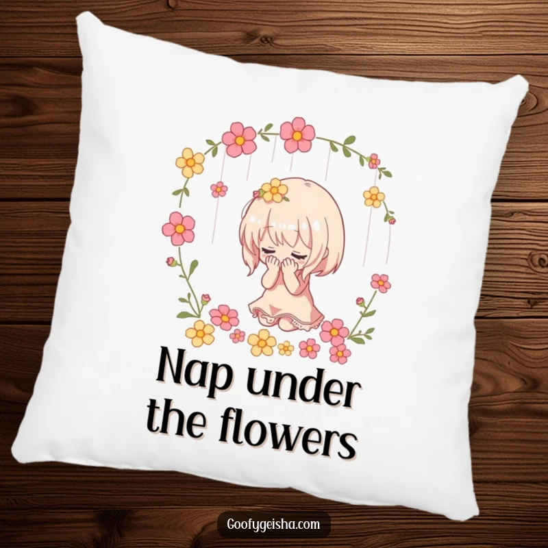 Funny pillow with a small character dramatically bowing as flowers shower down, adding a touch of dramatic and humorous comfort.