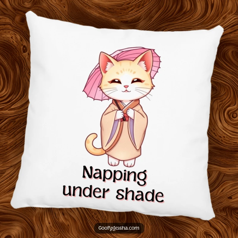 Funny graceful cat in a silk kimono, holding a parasol, artfully depicted on a soft and elegant pillow.