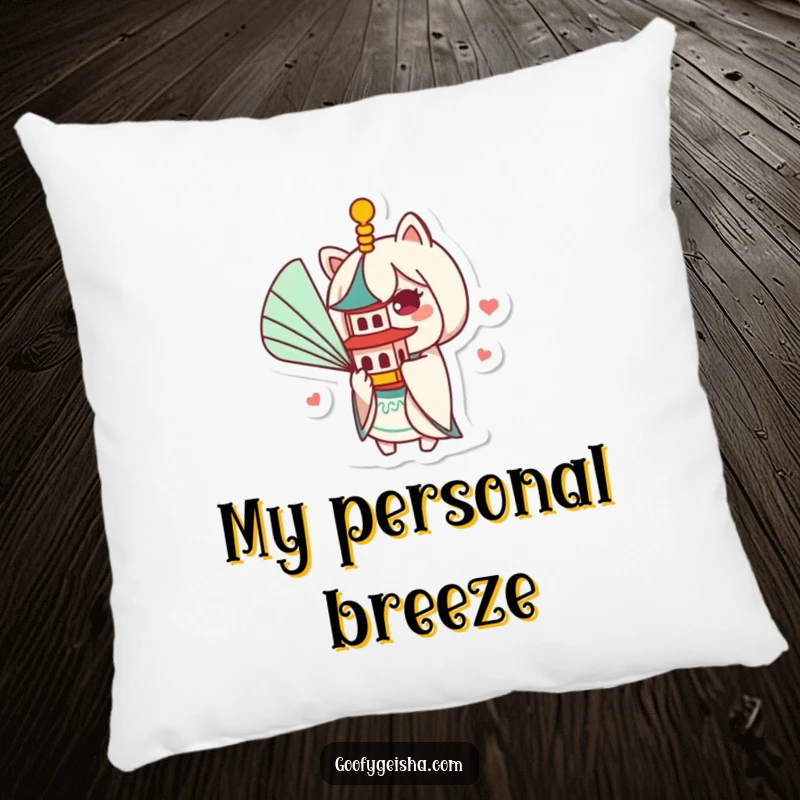 Funny Kawaii pillow showing a sweet character fanning a diminutive pagoda with a large fan, a charming depiction of lighthearted, amusing leisure.