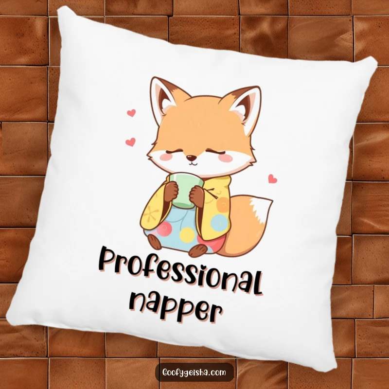 Funny pillow featuring a sleepy fox in a colorful kimono dozing off with a teacup, offering comfort and charm.