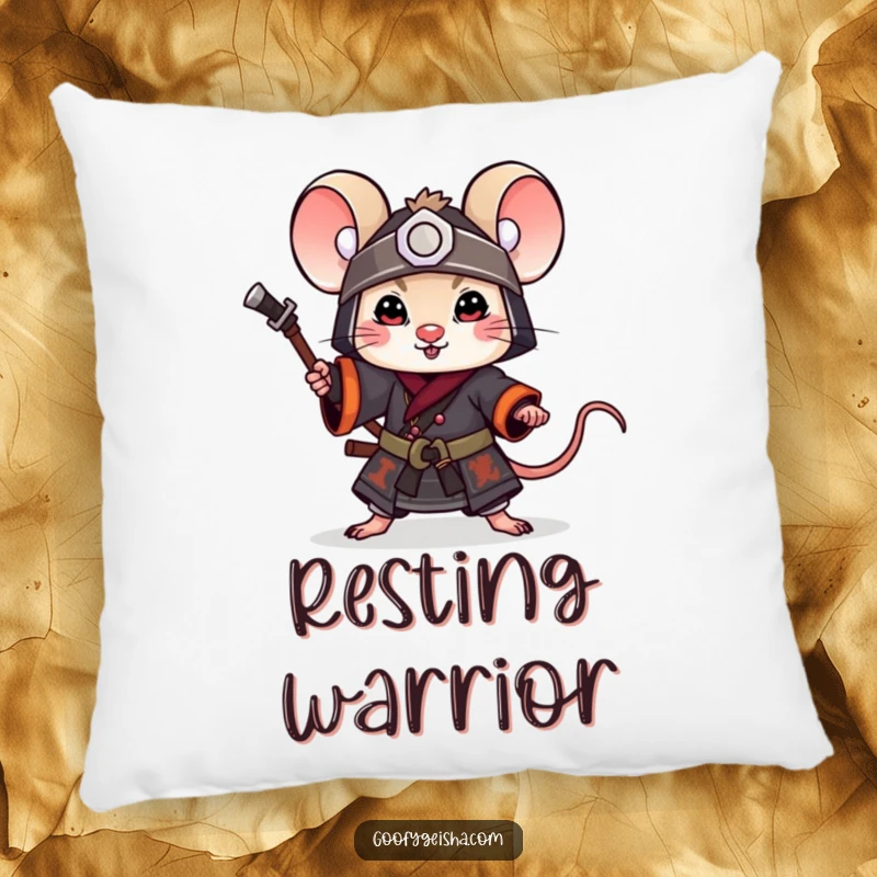 Funny Pillow: A little mouse dressed as a samurai in a playful pose, adding a touch of heroic charm and humor.