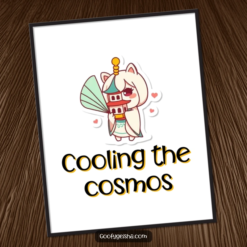 Funny Kawaii digital art print of a character fanning a miniature pagoda, perfect for instant, humorous wall decor with a cultural theme.