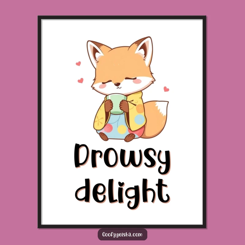Funny Sleepy Fox Kimono Digital Art Print - Cozy Nap Wall Decor Gift