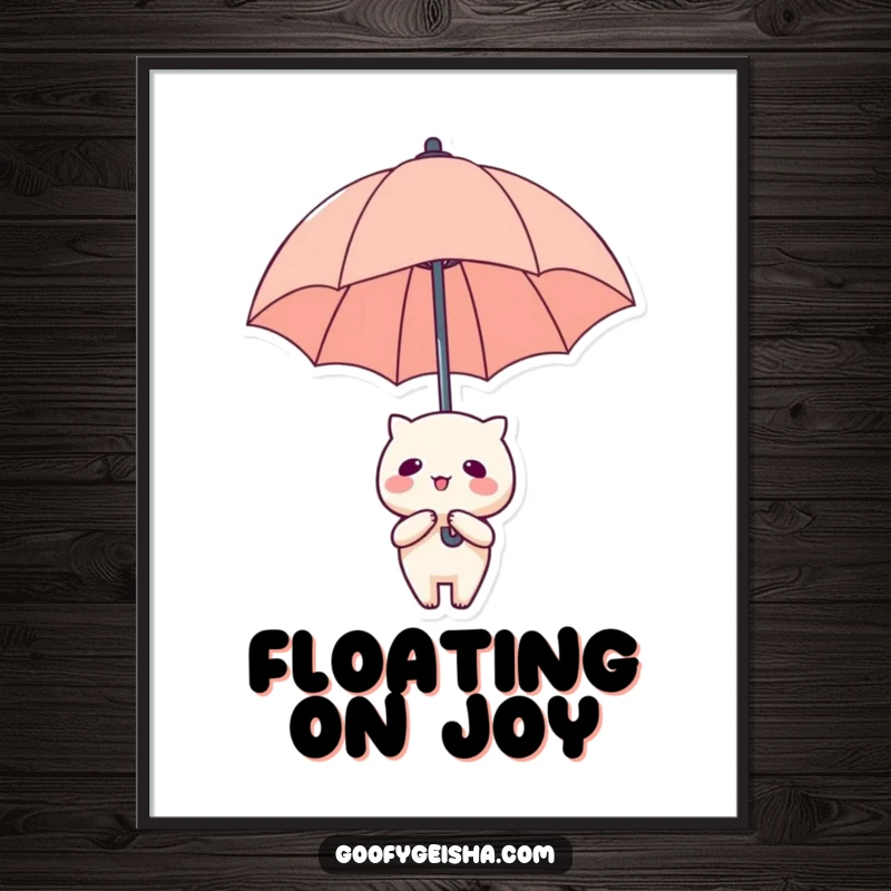 Funny Digital Art Print: A Kawaii character with an oversized umbrella floating joyfully upwards.