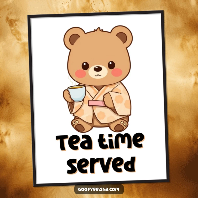 Funny charming bear wearing a patterned kimono, offering tea with a welcoming expression, ready to be printed as cozy digital art.