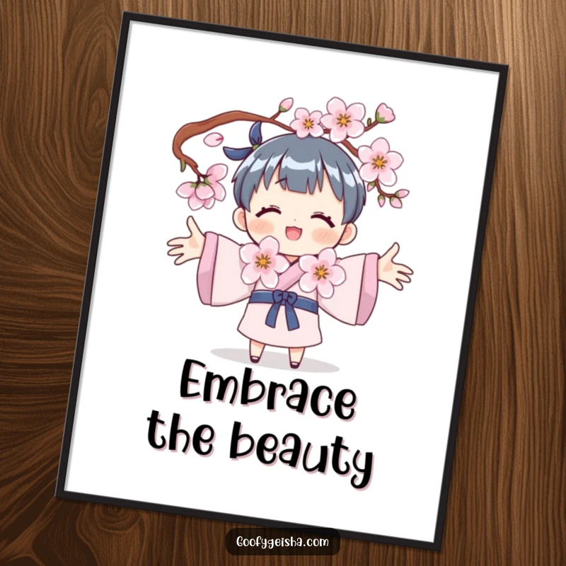 Funny digital art print of a character joyfully embracing a cherry blossom, perfect for adding serene and humorous wall decor.