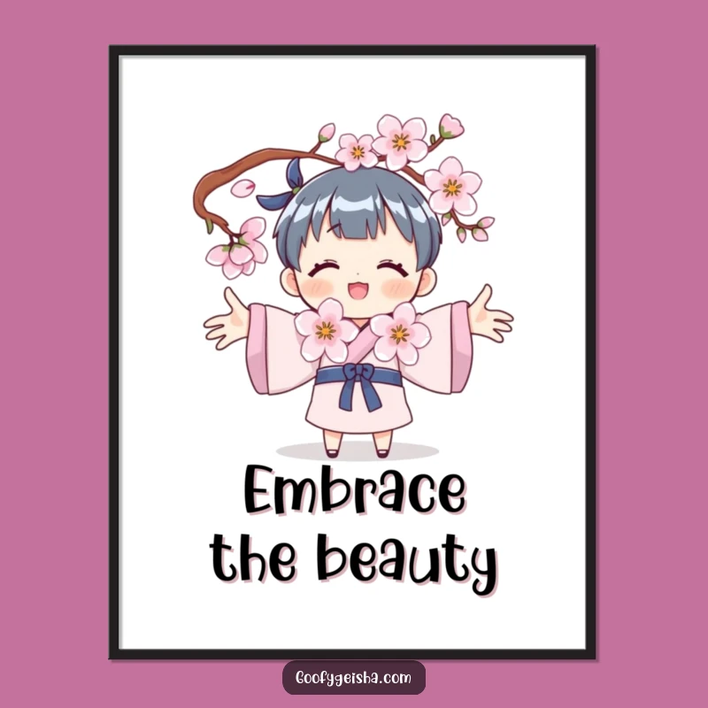 Funny Blossom Embrace Art: Serene Character Scene, Beautiful Funny Gift for Walls