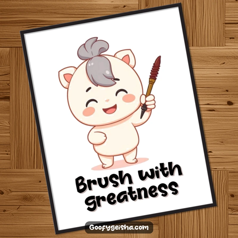 Funny digital art print of a proud character holding a tiny calligraphy brush, perfect for adding elegant and humorous wall decor.
