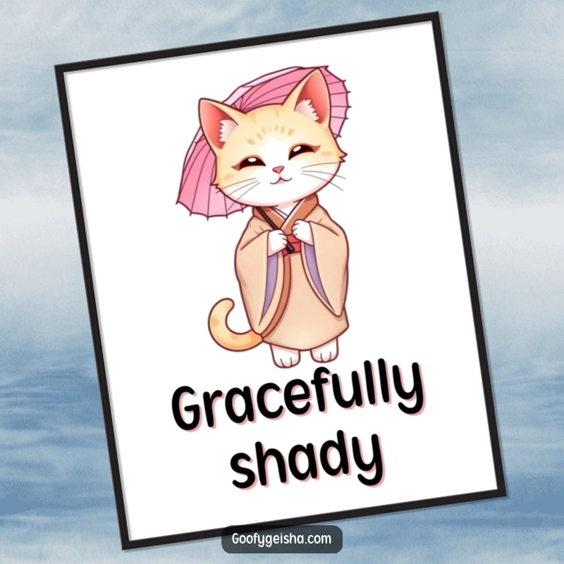 Funny graceful cat wearing a silk kimono, holding a parasol with poise, ready to be printed as sophisticated digital art.