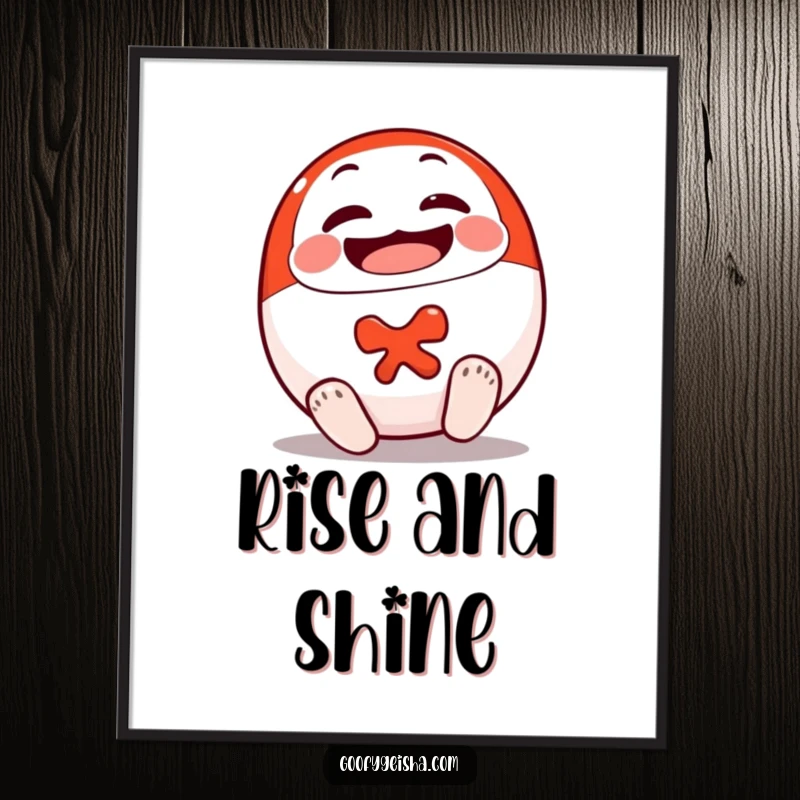 Funny Daruma Doll Digital Art Print of a smiling character cheerfully rolling onto its feet, symbolizing luck and perseverance.