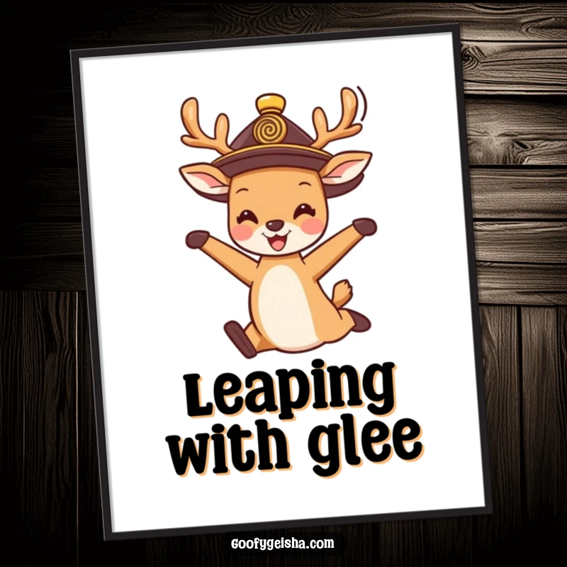 Funny Digital Art Print: A cute deer wearing a traditional hat, joyfully jumping, capturing pure happiness and spirited movement.