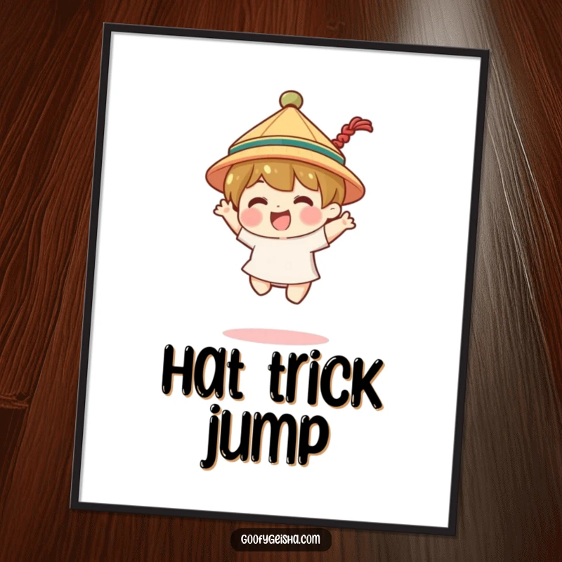 Funny digital art print of a character in a tiny traditional hat, doing a joyful jump. Vibrant and celebratory.