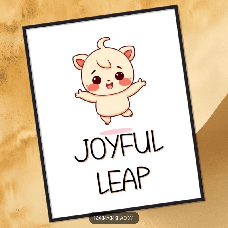Funny digital art print of a rosy-cheeked character joyfully jumping, conveying pure happiness and a funny, energetic vibe.