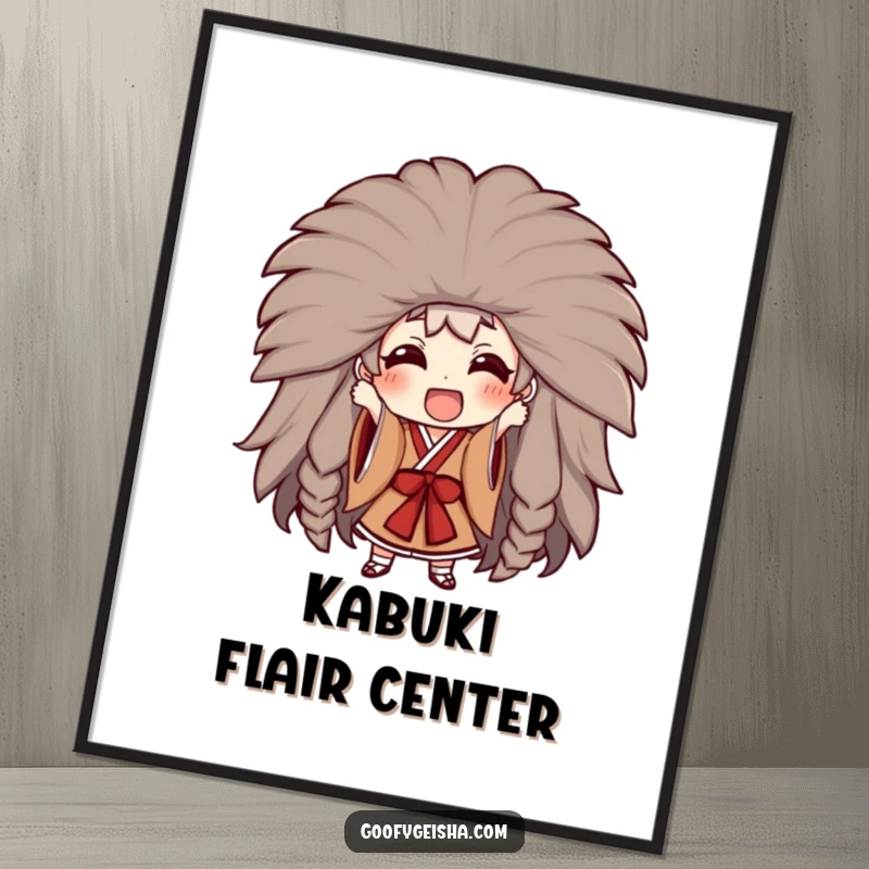 Funny digital art print of a character excitedly attempting to wear a massive Kabuki wig, ideal for dramatic and humorous wall decor.