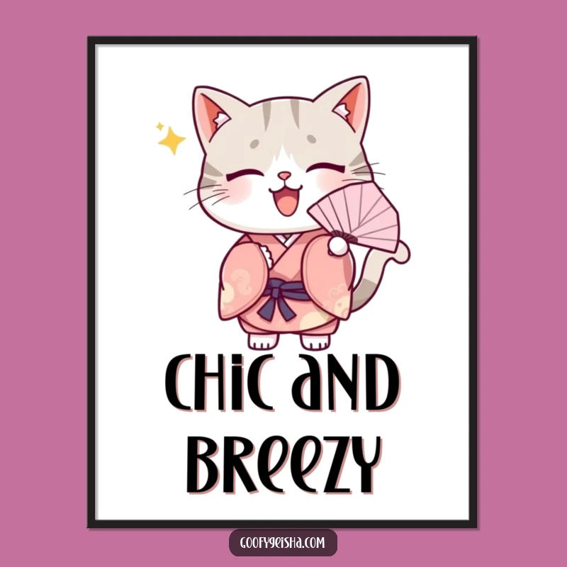 Funny Kawaii Cat Kimono Digital Print: Cute Fanning Character Art, Perfect Funny Gift