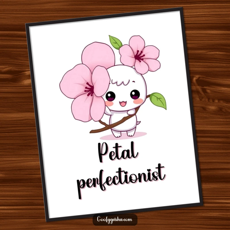 Funny Kawaii digital art print of a mischievous character tapping a large cherry blossom petal, ideal for cute and humorous wall art.