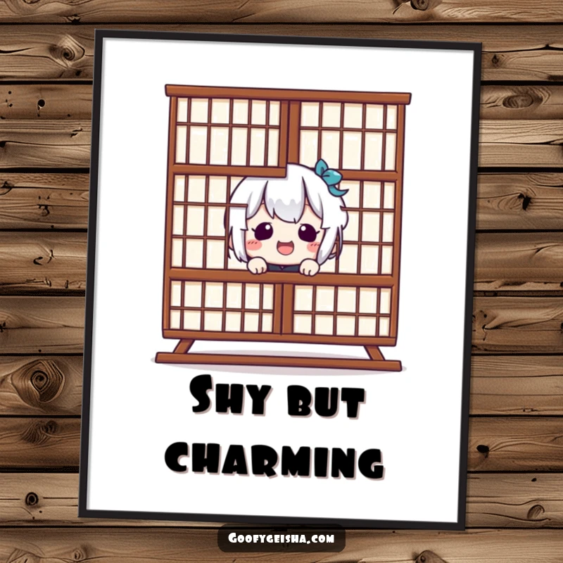 Funny Kawaii Digital Art: Character giggling behind Shoji screen, creating humorous and playful wall art. Great funny gift.