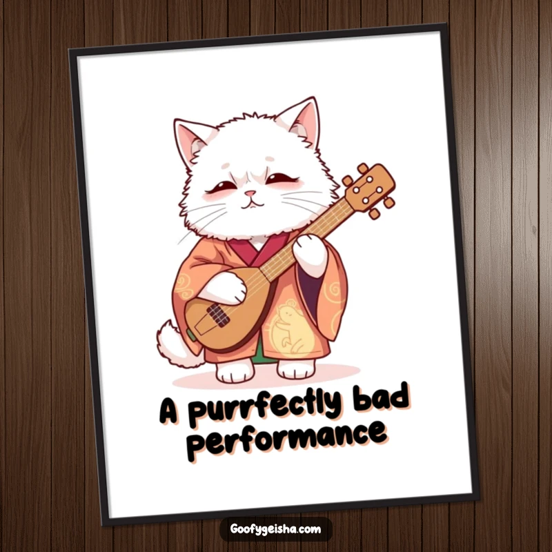 Funny Digital Art Print of a fluffy white cat in a vibrant kimono awkwardly playing a shamisen, showcasing humorous artistic effort.