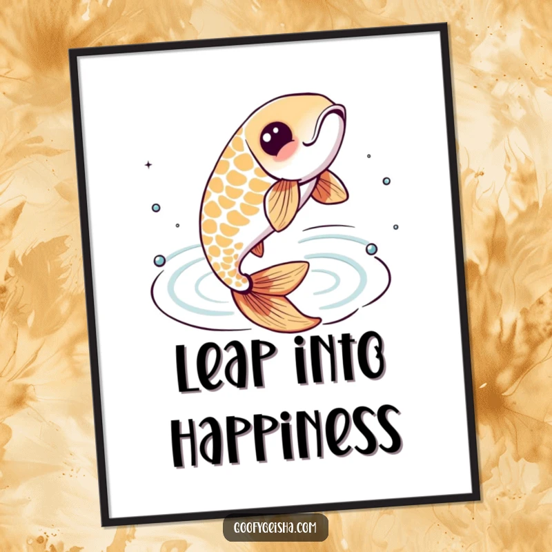 Funny digital art print of a lively koi fish character leaping energetically from stylized water ripples, a beautiful and dynamic piece.