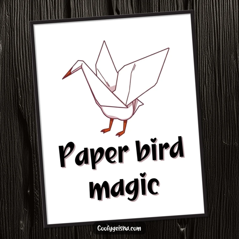Funny digital art print of a whimsical origami crane character playfully flapping its paper wings, symbolizing grace and art.